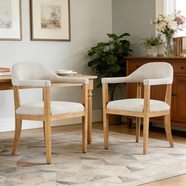 English Elm Wood Frame Upholstered Dining Chairs Set of 2 Curved Back Rubberwood Armrest Seating Beige,Natural N768P389407N
