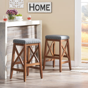 English Elm Christopher Knight Home® - SADDLE Barstool Set of 2 with Upholstered Fabric Seat, Nailhead Trim and Sturdy X-Frame Wood Base Charcoal 65637.00CHAR
