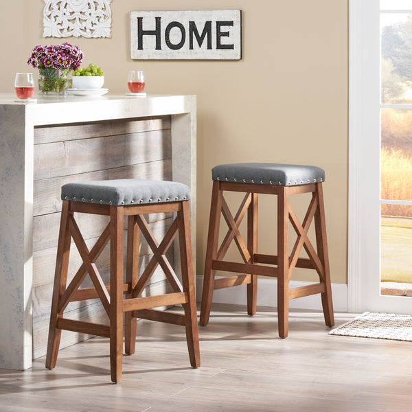 English Elm Christopher Knight Home® - SADDLE Barstool Set of 2 with Upholstered Fabric Seat, Nailhead Trim and Sturdy X-Frame Wood Base Charcoal 65637.00CHAR