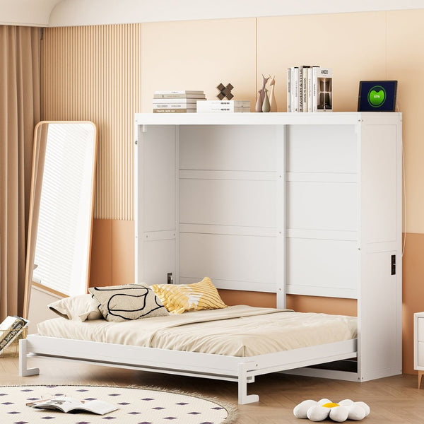 English Elm Full Size Murphy Wall Bed with Rattan Panel Cabinet for Studio and Guest Rooms White N708S00011K-1