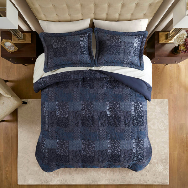 English Elm 4 Queen Comforter Set Luxury Chenille Jacquard Bedding with Plush Twill Backing, Cozy 8oz Fill, Bedskirt Included Navy 23.62 L x 20.47 W x 14.17 H B035P366516