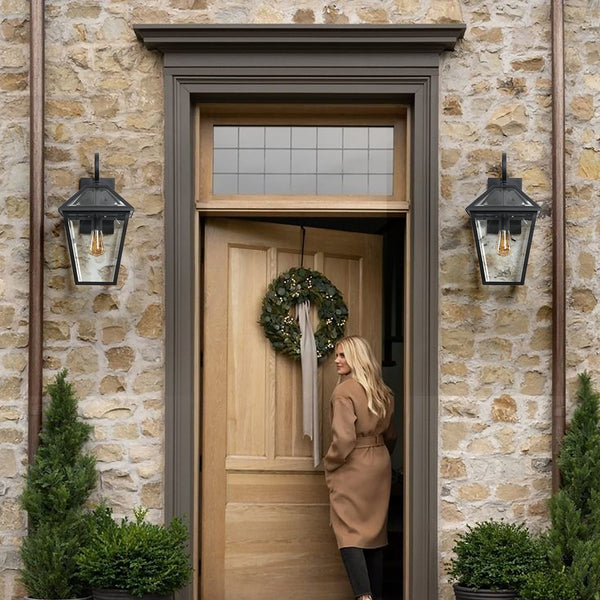 English Elm 10" Vintage Outdoor Wall Lanterns Set of 2, Black Weatherproof Sconces with Clear Glass, Rustic Porch Lighting Elegance W1340P239406