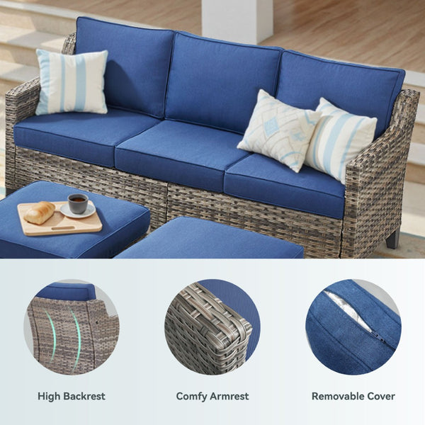 English Elm 73.2" Outdoor Handwoven Rattan 3 Seat Sofa with Olefin Cushions for Porch or Patio Blue T3773P416338