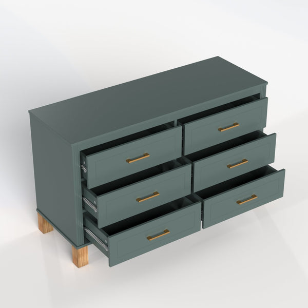 English Elm 6-drawer Solid Wood Dresser Mid-century Modern Gray Finish with Metal Bar Handles Light Green W1445P419755