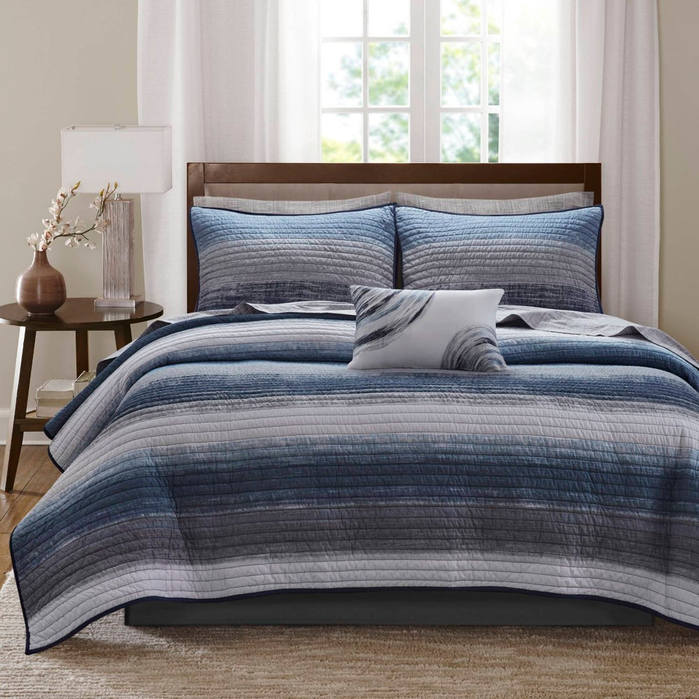English Elm 8-piece King Quilt Set Cotton Watercolor Stripe Breathable Resort Bedroom Bedding Navy Multi B035P408268