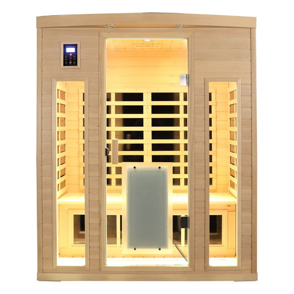 English Elm Low Emf Far Infrared Three Person Hemlock Sauna with Glass Door Heating Panels W632S00030
