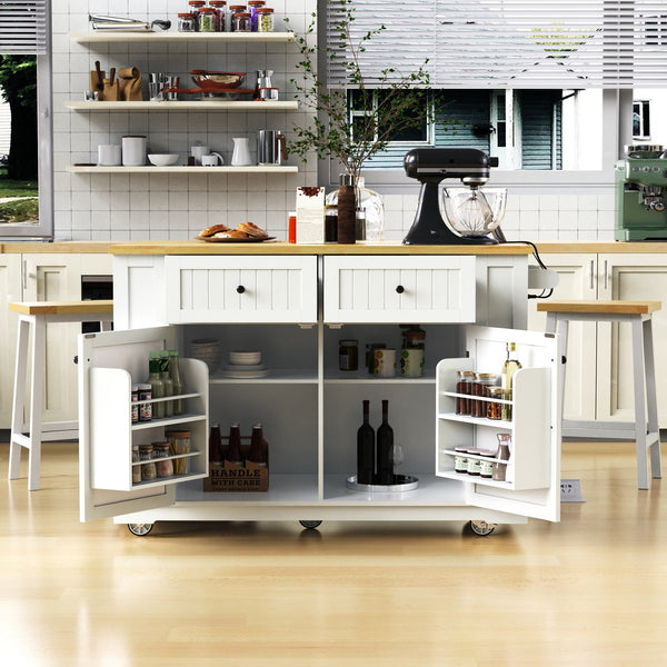 English Elm K&K 48 Inch Kitchen Island Cart with Drop Leaf, Built-In Power Station, Adjustable Shelves & Wheels White N707P257057W