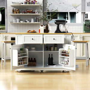 English Elm 48 Inch Rolling Kitchen Island Drop Leaf Prep Cart with Power Outlets and Open Shelving White N707S257057W