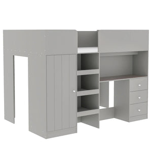 English Elm Wood Full Size Loft Bed with Built-In Wardrobe, Spacious Desk, Shelves and 3 Drawers for Storage Grey GX001819AAE