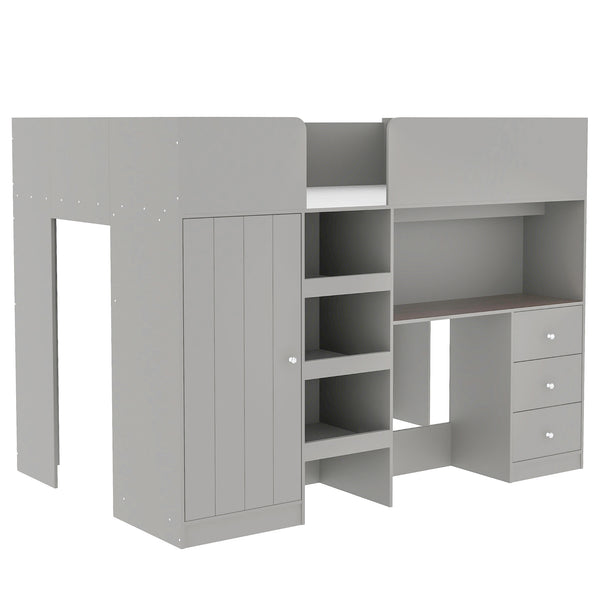 English Elm Wood Full Size Loft Bed with Built-In Wardrobe, Spacious Desk, Shelves and 3 Drawers for Storage Grey GX001819AAE