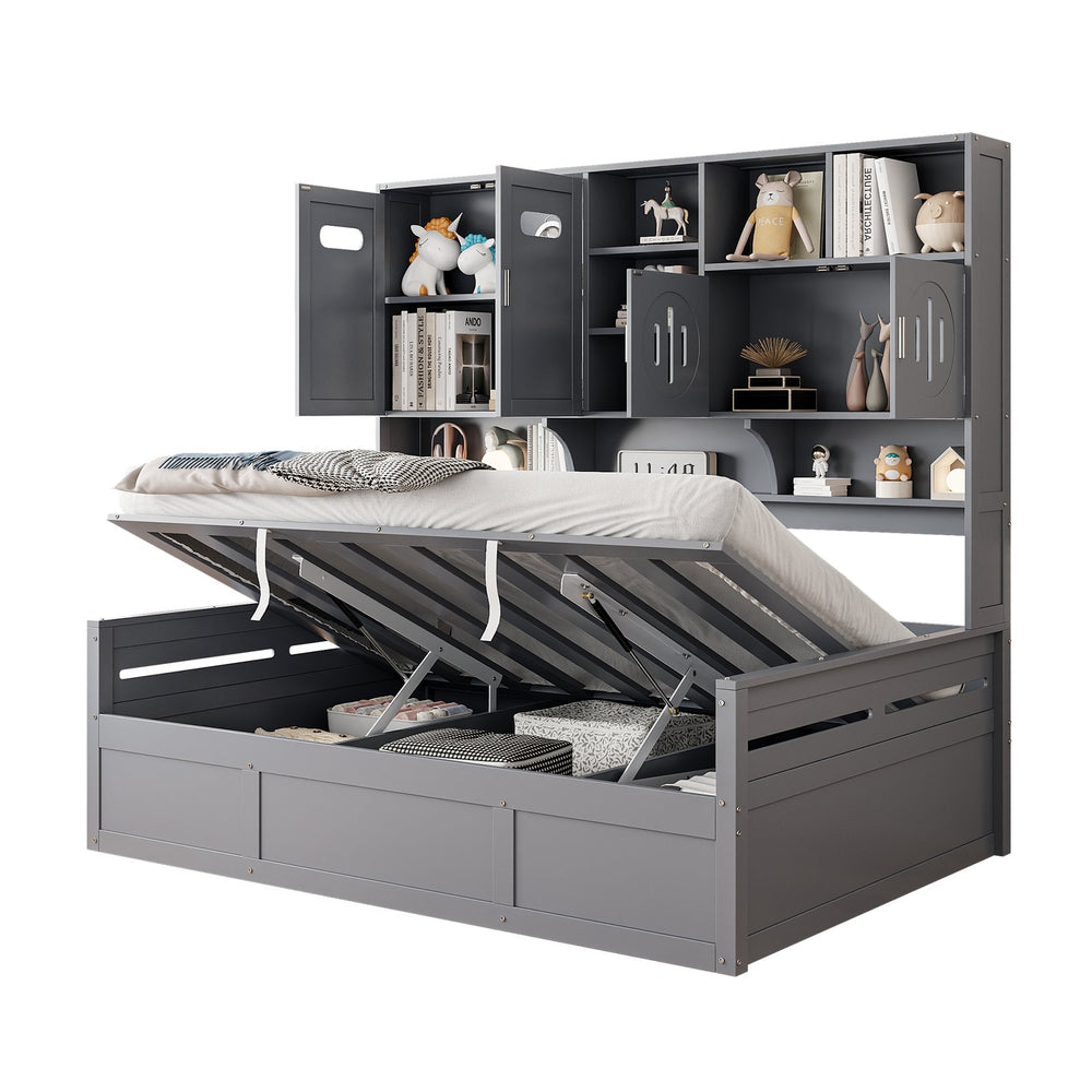 English Elm Full Size Wooden Daybed With Hydraulic Lift, Integrated Storage Cabinet & Shelves In Gray Finish N820S00047E