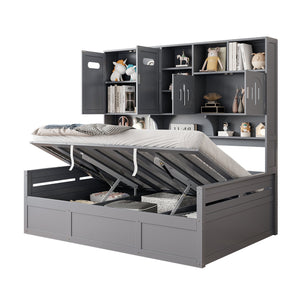 English Elm Full Size Wooden Daybed With Hydraulic Lift, Integrated Storage Cabinet & Shelves In Gray Finish N820S00047E