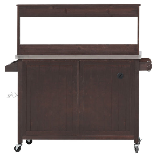 English Elm K&k Solid Fir Grill Cart Stainless Steel Top Outdoor Kitchen Station with Locking Wheels Brown N707P409087Z