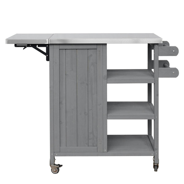 English Elm Foldable Outdoor Kitchen Cart with Stainless Worktop Fir Wood Frame and Lockable Wheels Grey N719P380281K