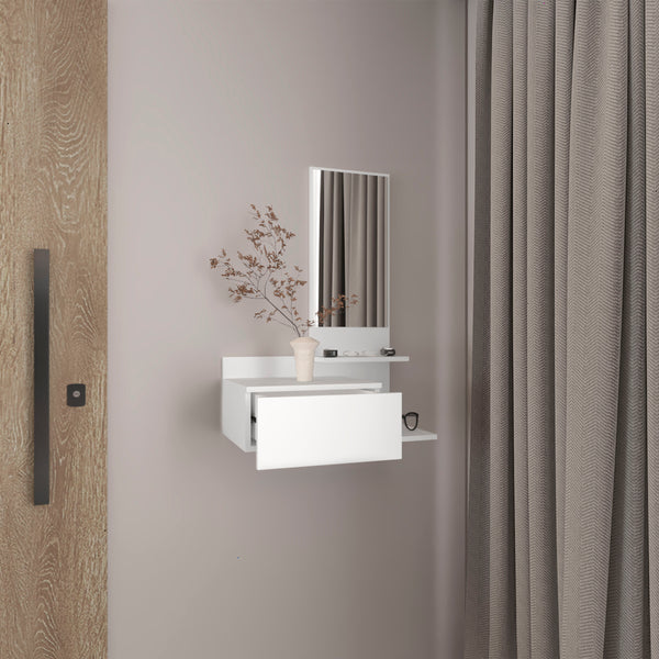 English Elm Vienna modern floating mirror console with 3-tier open shelves and full-extension drawer for entryway storage White 31.5 L x 18.2 W x 6 H B070P242498