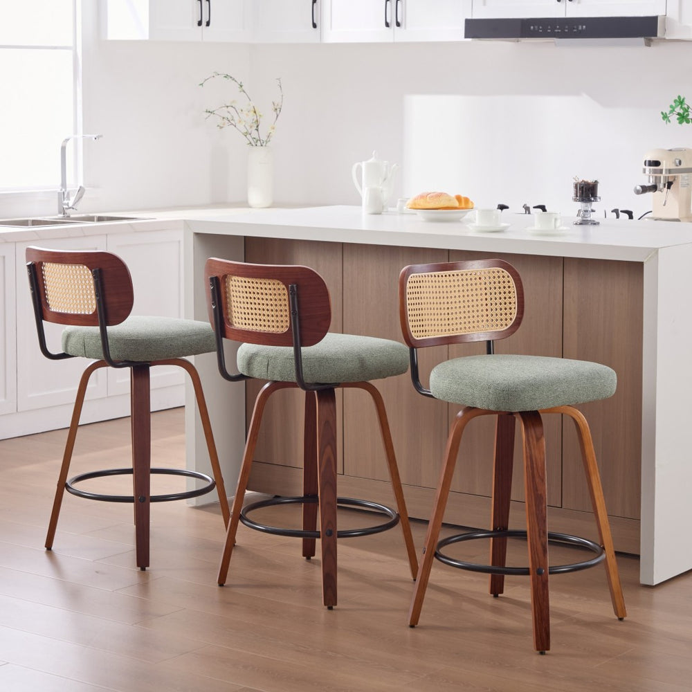 English Elm Set of 2 Swivel Counter Stools Walnut Frame Rattan Back Linen Seat Kitchen Island Light Green W1143P392164