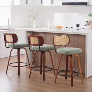 English Elm Set of 2 Swivel Counter Stools Walnut Frame Rattan Back Linen Seat Kitchen Island Light Green W1143P392164