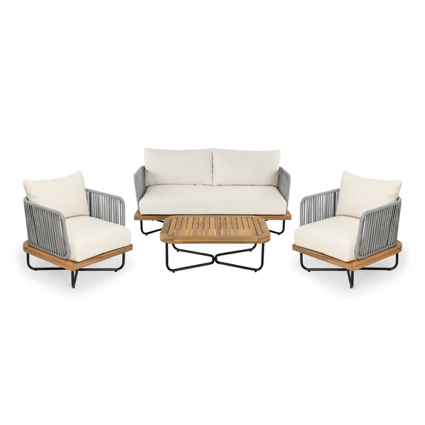 English Elm Christopher Knight Home® - Lucca Outdoor 4-Piece Acacia Wood & Rope-Woven Patio Set With Water-Repellent Cushions, Beige N773OC00017B