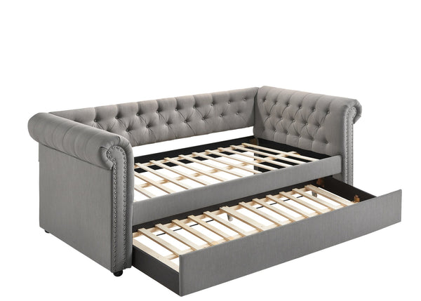 English Elm Luxurious Tufted Daybed with Nailhead Trim and Built-In Trundle — Elegant Rolled Arms, Plush Fabric Comfort Gray 41.88 L x 16 W x 6.25 H B011S01633
