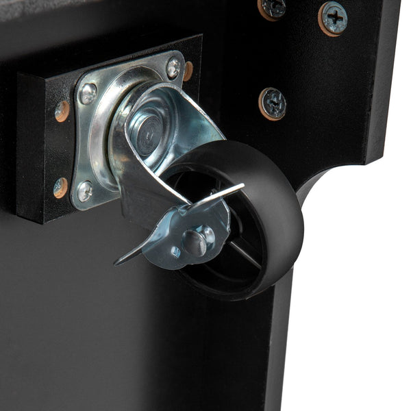 English Elm K&K Rustic Kitchen Island Cart with 6 Drawers, Pull-Out Trash Cabinet, Drop Leaf & Built-In Charging Station Black N707P307292B