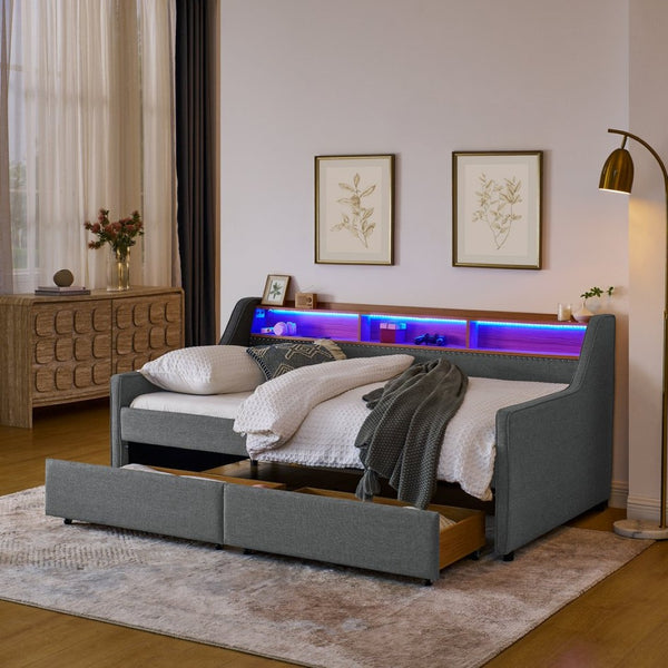 English Elm Twin Size Upholstery Sofa Bed With Led Lights & Storage Drawers, Wireless Charging, Grey Linen Design W1413S00055-GIGA