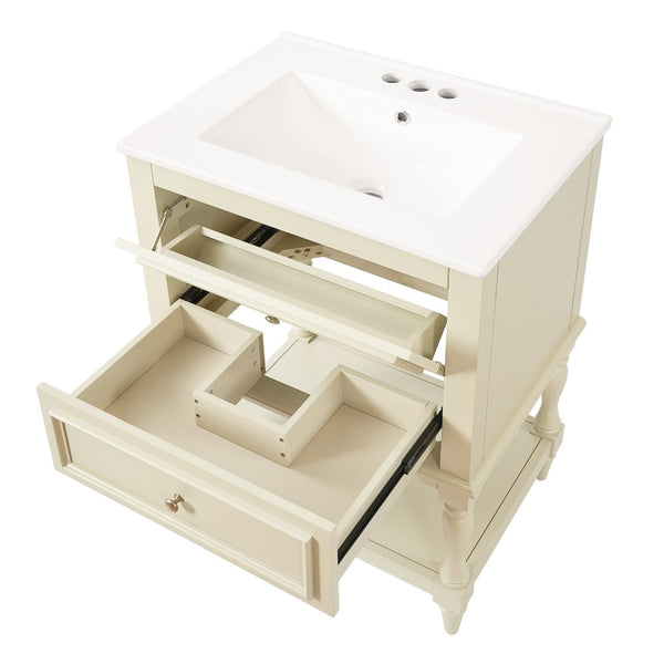 English Elm 24'' Retro Bathroom Vanity Mdf Cabinet with Ceramic Sink Open Shelf and 2 Drawers Beige N710P405414Y