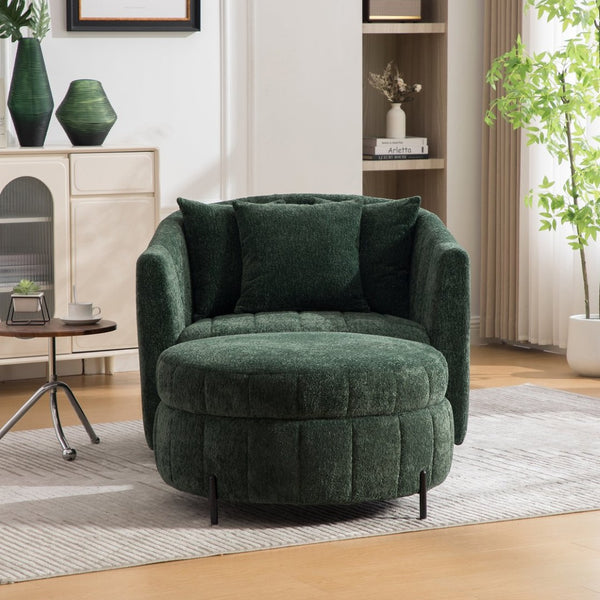 English Elm 39"w Swivel Barrel Club Chair with Channel Tufted Chenille and Round Storage Ottoman Set Green W3118S00049
