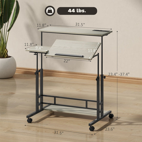 English Elm Homcom Rolling Standing Desk with Power Outlets Usb Ports Tiltable Oak Home Office W2225P485619