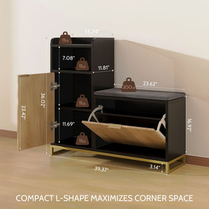 English Elm Vividwood Corner Entryway Bench with Shoe Storage Shelves and Washable Cushion Seat T5618P505966