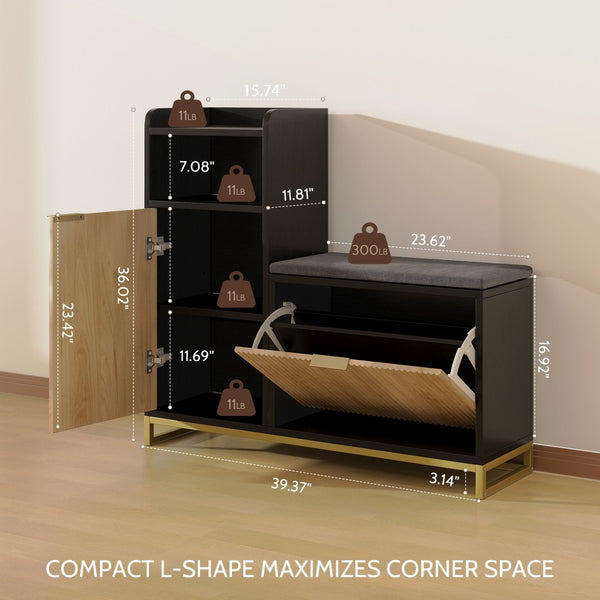 English Elm Vividwood Corner Entryway Bench with Shoe Storage Shelves and Washable Cushion Seat T5618P505966