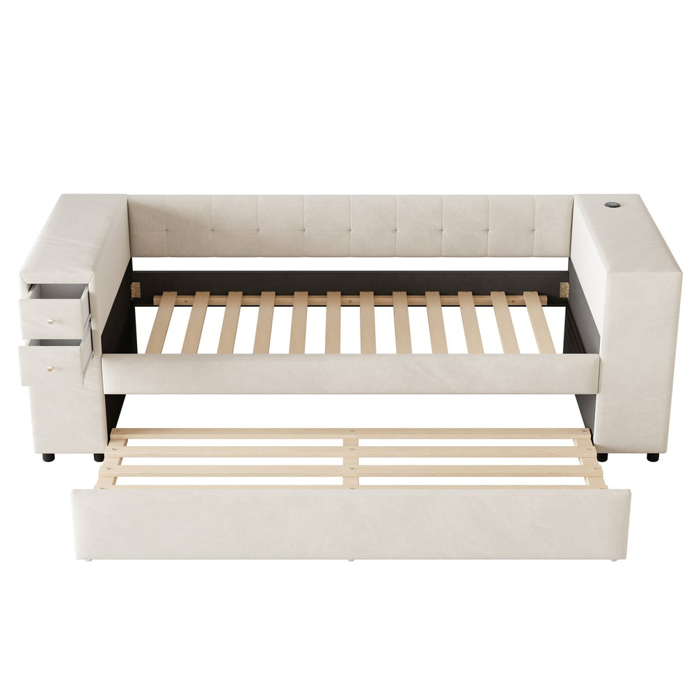 English Elm Twin Upholstered Bed with Trundle and Storage Drawers, USB Ports, French Velvet Luxurious Feel Beige SF000184AAA