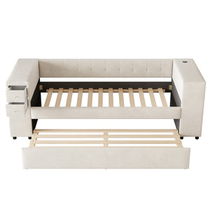 English Elm Twin Upholstered Bed with Trundle and Storage Drawers, USB Ports, French Velvet Luxurious Feel Beige SF000184AAA