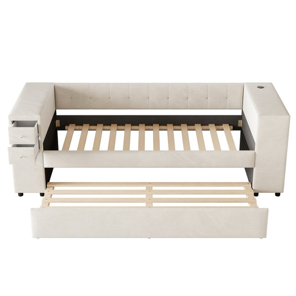 English Elm Twin Upholstered Bed with Trundle and Storage Drawers, USB Ports, French Velvet Luxurious Feel Beige SF000184AAA