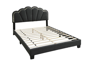English Elm 1pc Queen Size Bed Wool Upholstered Platform with Channel Tufted Headboard and Built‑In LED Lighting Charcoal 66 L x 30 W x 10 H B011P238975