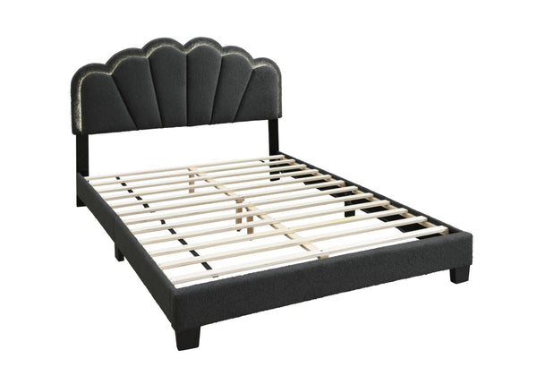 English Elm Full Platform Bed Charcoal Wool Upholstery Floral Scalloped Headboard with Led Lighting B011P417509