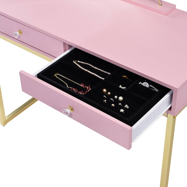 English Elm Coleen Pink & Gold Makeup Vanity Desk with Mirror, Crystal Handles, Jewelry Tray & 2 Drawers Decor B2726P315739