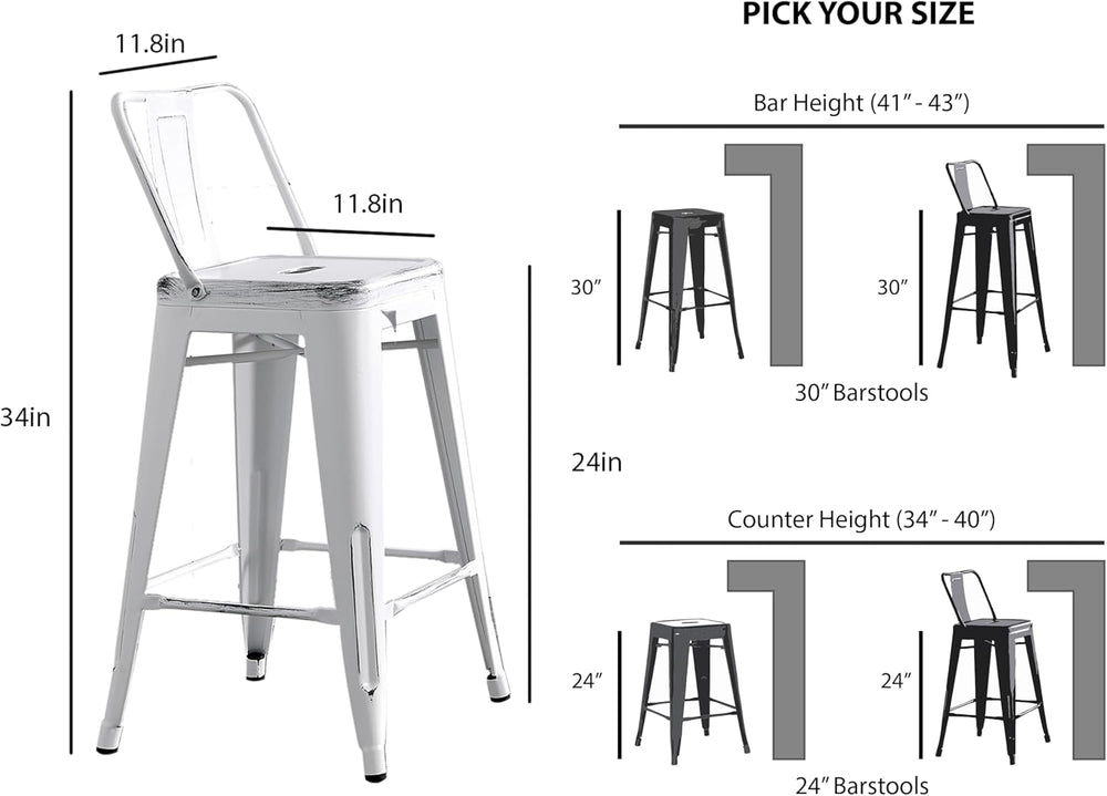 English Elm Modern Industrial Metal Barstools Set of 2 with Bucket Back, 24" Seat, Reinforced 4-Leg Durable Design Natural+White B347P348828