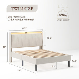 English Elm Twin Size Platform Bed with Beige Fabric Headboard, 800lb Metal/Wood Frame, USB Ports & Outlets W2889P272594