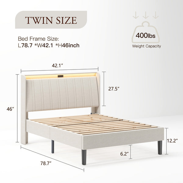 English Elm Twin Size Platform Bed with Beige Fabric Headboard, 800lb Metal/Wood Frame, USB Ports & Outlets W2889P272594