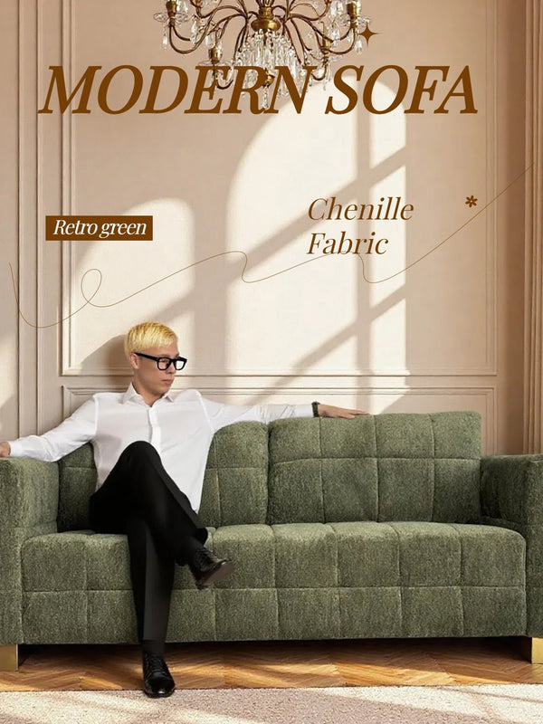 English Elm FX-P54-RB Modern Chenille 3-Seater Sofa with Wide Arms, Tufted Box Stitching & Stainless Legs for Durable Comfort Retro Green W576S00166