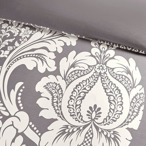 English Elm Full/Queen Vienna 6 Piece Printed Duvet Cover Set – 100% Cotton Sateen, OEKO-TEX, Damask Chic, Flange Accent, Pillows Included B03597322