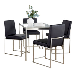 English Elm Fuji Modern High Back Dining Set with Tempered Glass Top, Brushed Steel Frame and Plush Faux Leather Chairs Black B202S01508