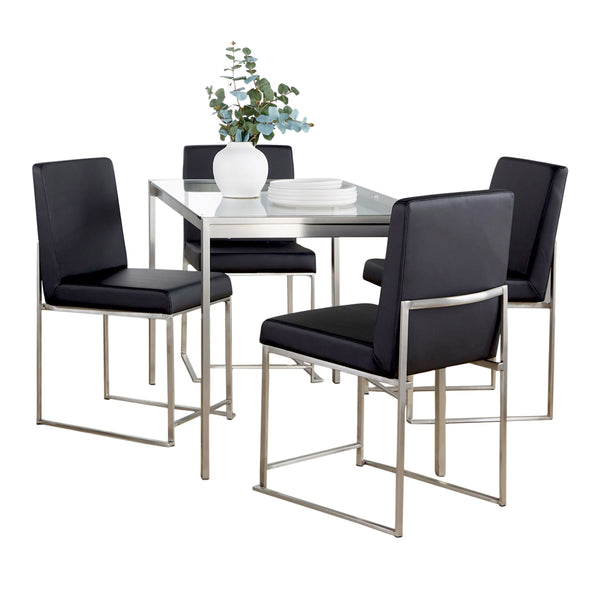 English Elm Fuji Modern High Back Dining Set with Tempered Glass Top, Brushed Steel Frame and Plush Faux Leather Chairs Black B202S01508