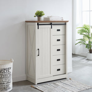 English Elm 5 Drawer Dresser with Sliding Barn Door — Farmhouse Modern MDF Chest with Metal Handle, Adjustable Shelves, Spacious Top White W2275P206613