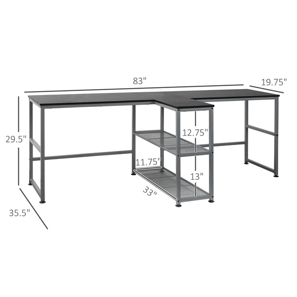 English Elm HOMCOM 83" Two Person Workstation Desk with Dual Shelves, Long Sturdy Home Office Table, Black W2225P229665