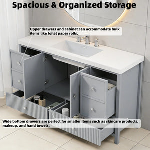 English Elm 60" Freestanding Bathroom Vanity Fluted Fronts Soft Close Drawers Drop-in Sink Blue Gray N817P404100B