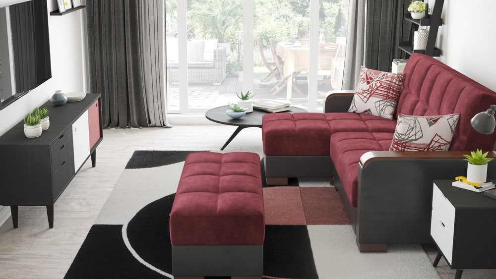 English Elm Primenest Convertible Chaise Lounge - Burgundy Microfiber, Wood Trim, Storage & Easy-Click Bed Feature B030P303554-GIGA