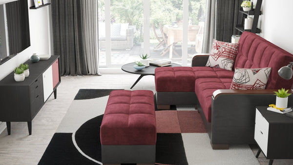 English Elm Primenest Convertible Chaise Lounge - Burgundy Microfiber, Wood Trim, Storage & Easy-Click Bed Feature B030P303554-GIGA