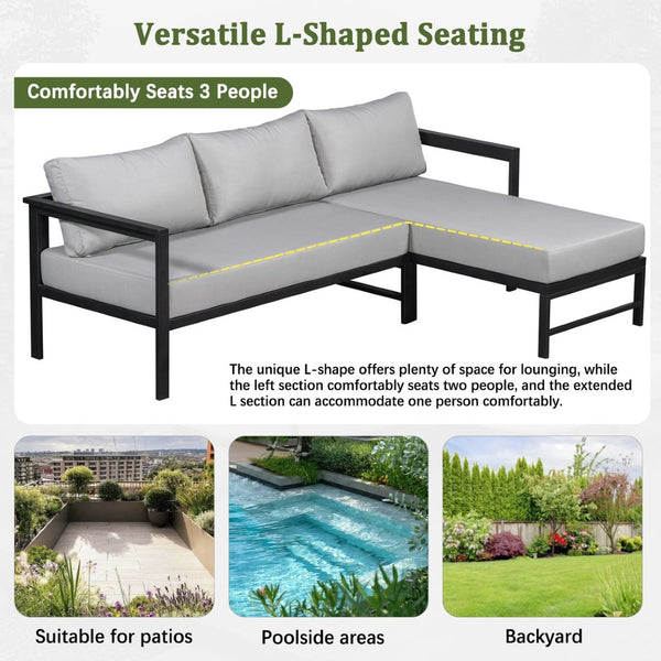 English Elm U_style Outdoor L-shaped Sectional Iron Frame Patio Sofa with Thick Foam Cushions Gray WY000480AAE
