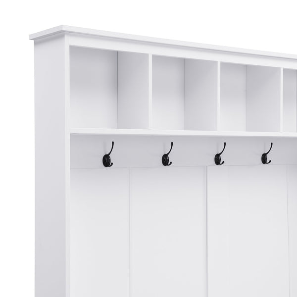 English Elm ON-TREND Elegant Wide Hall Tree with Lift-Top Storage Bench, 5 Hooks, 2 Drawers, Retro Handles, 59" W White N721P234409K